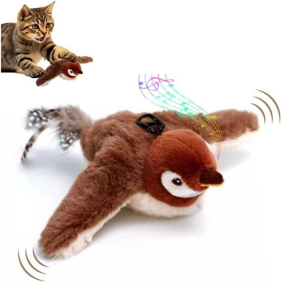 2025 New Interactive Fly Bird Cat Toy with Flapping Wings & Chirping Sounds, Rechargeable and Touch Activated, Pet Kitten Chase Plush Flappy Bird, for Pet Lovers (Sparrow-01)