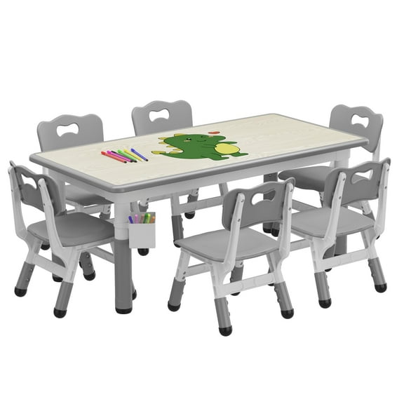 2025 New Kids Table and 6 Chairs Set, Height Adjustable Toddler Table and Chair Set, Graffiti Desktop, Children Multi-Activity Table for 6, Kids Study Table for Home Daycare Preschool for Ages 2-8