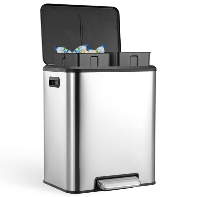 2025 New Kitchen Dual Trash Can and Recycling Bin, 2 x 4 Gallon Stainless Steel Trash Can, 30 Liter, Removable Inner Bin and Soft Close Lid, Suitable for Home, Office, Business