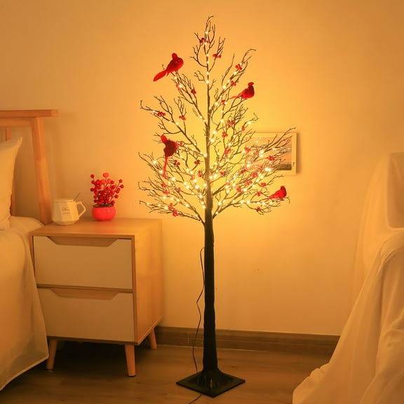 2025 New LED Vintage Glowing Tree with Cardinal,Twinkle Tree Lamp with Lighted Branches & Berries,Cardinal Lamp,Unique Lighted Tabletop Birch Ornament for Holiday Home Decor