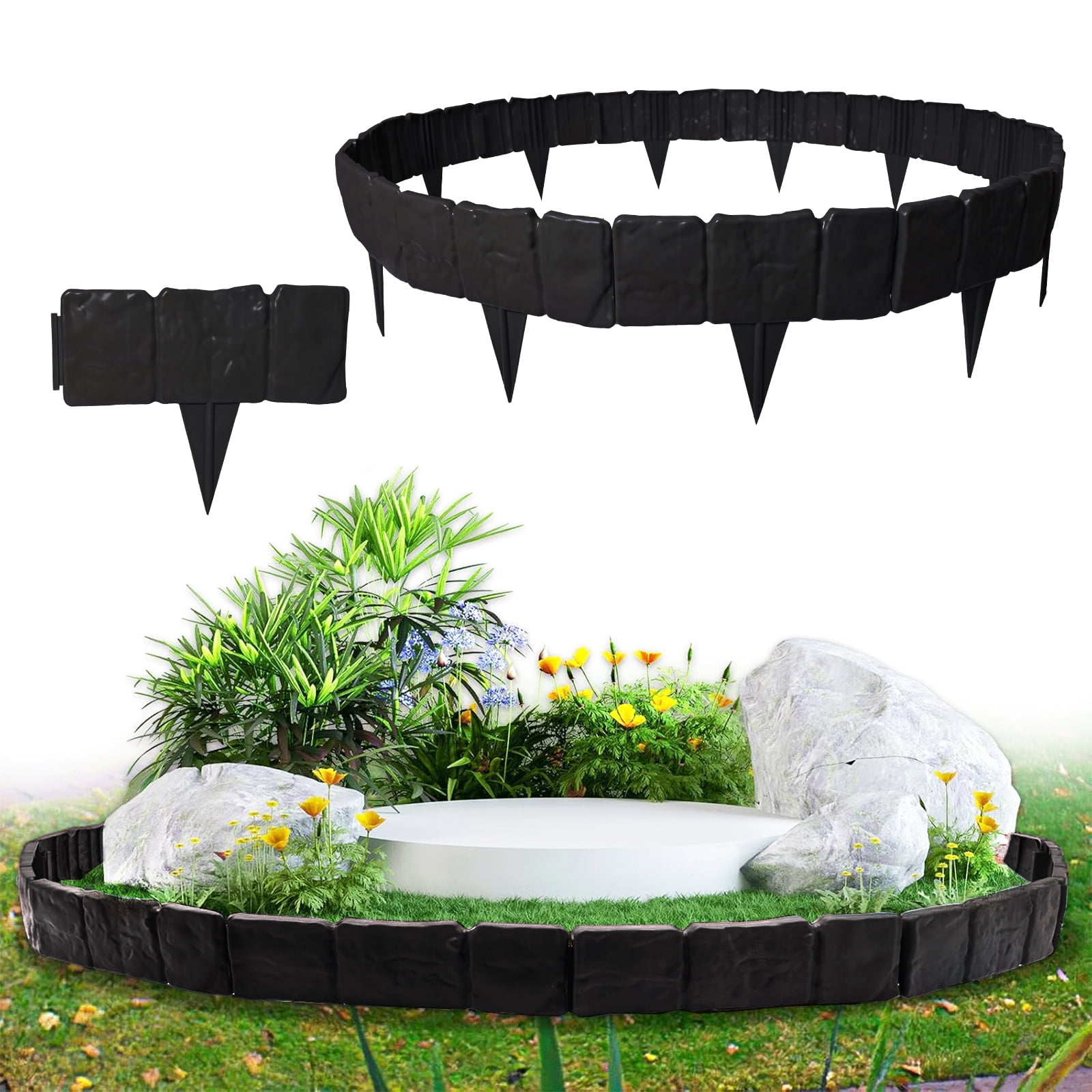 2025 New Landscape Edging Border,16 ft Plastic Stone Effect Garden Edging Border for Lawns,Flower Beds,Patios ,Yard (20 pcs, Black)