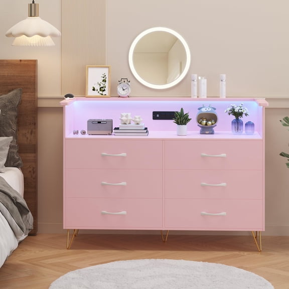 2025 New Large Dressing Table for Bedroom, Power Outlet, LED Light Storage, 6 Drawers, 2 Open Shelves, for Living Room, Foyer and Bedroom