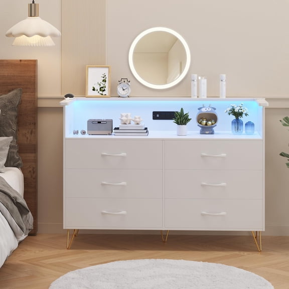 2025 New Large Dressing Table for Bedroom, Power Outlet, LED Light Storage, 6 Drawers, 2 Open Shelves, for Living Room, Foyer and Bedroom