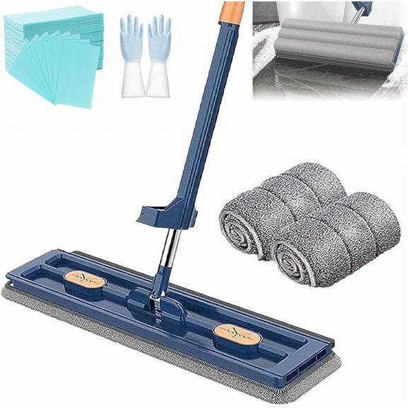 2025 New Large Flat Mop, 50'' Large Flat Mop System, 360 Rotating Dust Mops, Self Wringing Flats Mops, Adjustable Handle with 2/4/6 Reusable Microfiber Pads Dry and Wet(Blue+2 Cloth)