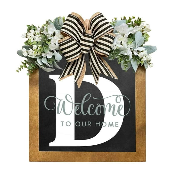 2025 New Last Name Year Round Front Door Wreath Front Porch Decoration 26 Letter Welcome Sign with Eucalyptus Garland and Bow Spring Wreaths for Front Door Outside Hanger Garland