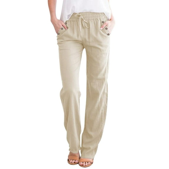 Pxiakgy Womens Casual Cotton Linen Pants Straight Leg Drawstring Elastic High Waist Lightweight Summer Relax Fit Elastic Waist Plus Size Solid Lounge Long Trousers Beige S