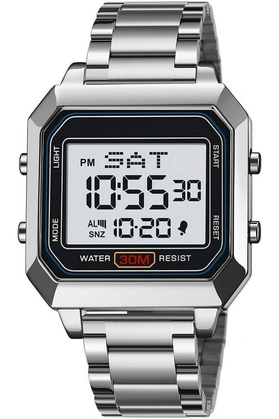 2025 New Men’s Digital Watch for Men, Stainless Steel Square Watches, Mens Digital Wrist Watches Waterproof Dual Time Date Watch