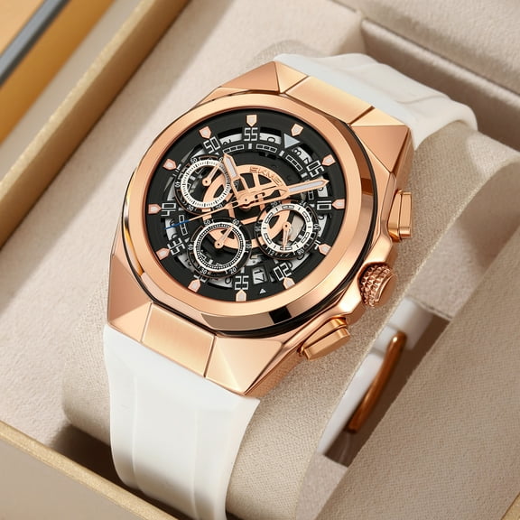 2025 New Men's Skeleton Watch Chronograph, Luxury Business Dress Watch with 3 Subdials 6 Hands, Date Calendar Display, Water Resistant Quartz Movement, Gift for Him