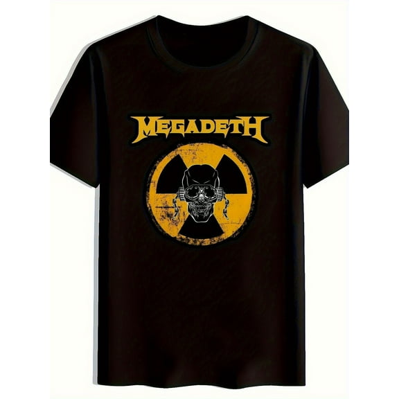 2025 New Men's Skull & Bones Graphic T-Shirt - Black Band Tee with Megadeth Print, Round Neck Short Sleeve Casual Summer Shirt for Rock Music Fans, Streetwear Oversized Fit, Machine