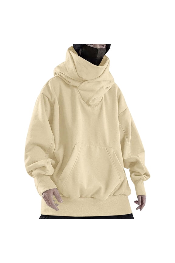 2025 New Men's Solid Vintage Hooded High Neck Loose High Street Hip Hop Pullover Sweatshirt Casual Men Graphic Sweatshirt