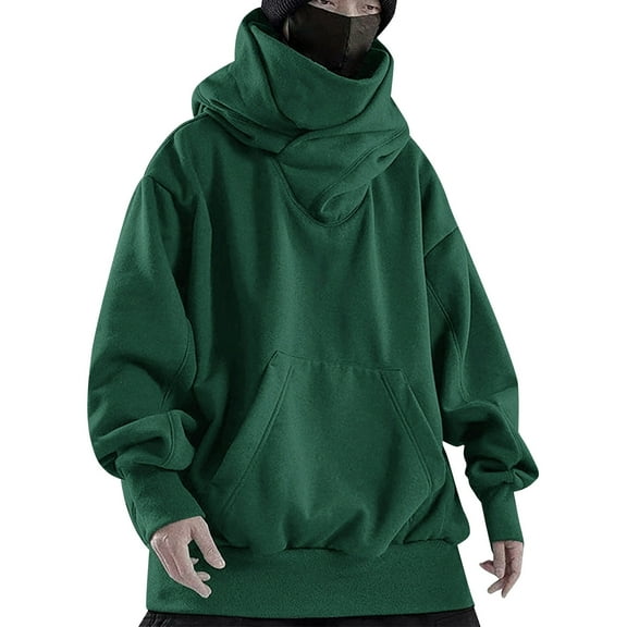 2025 New Men's Solid Vintage Hooded High Neck Loose High Street Hip Hop Pullover Sweatshirt Casual Men Graphic Sweatshirt
