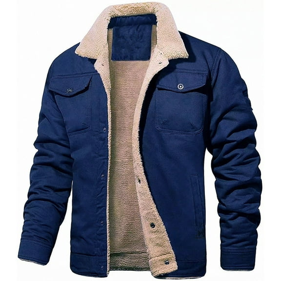 2025 New Men's Winter Casual Fleece Jacket Solid color Warm Non-elastic Lapel Button jacket suitable for daily commuting outdoor (Dark blue,XXXL)