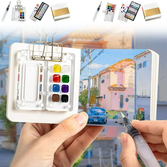 2025 New Mini Watercolor Paint Set with Colours, Pocket Artist Watercolor Travel Set, Mini Paint Kit with Binder Clips Painting Tray for Painting Party, DIY and Art Painting (8 Grid 12 Color)