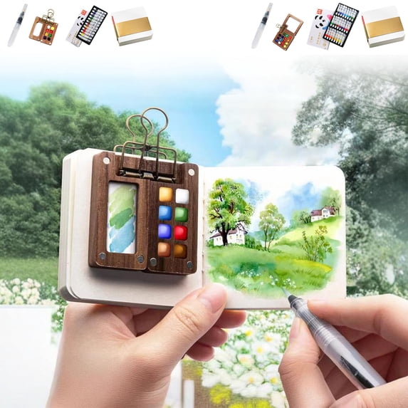 2025 New Mini Watercolor Paint Set with Colours, Pocket Artist Watercolor Travel Set, Mini Paint Kit with Binder Clips Painting Tray for Painting Party, DIY and Art Painting (8 Grid 12 Color)