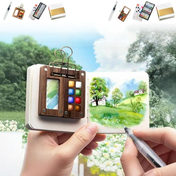 2025 New Mini Watercolor Paint Set with Colours, Pocket Artist Watercolor Travel Set, Mini Paint Kit with Binder Clips Painting Tray for Painting Party, DIY and Art Painting (8 Grid 12 Color)