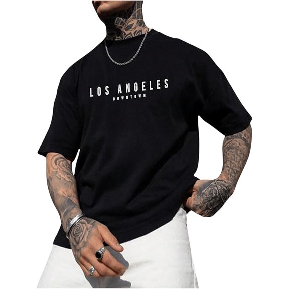 [2025 New Model]【Hot】Round-neck short-sleeved T-shirtGORGLITTER Men's Crewneck T Shirt Letter Graphic Short Sleeve Casual Drop Shoulder Oversized TeeHip-hop street style