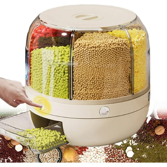 2025 New Moisture-Proof Grain Dispenser with Lid - Grain Storage Container Dispenser - 6 Compartment 360°rotating Grain Storage Airtight Food Dispensers (Yellow, Large)