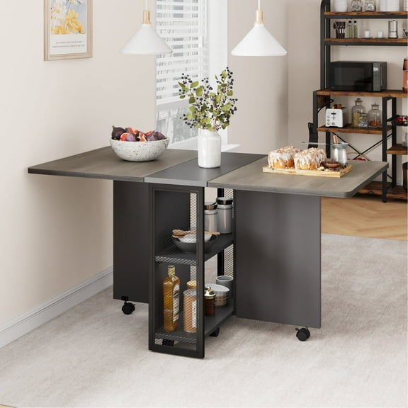 2025 New Multi-Functional Drop Leaf Table – Foldable Dining Desk with Wheels, 2-Tier Storage, and Space-Efficient Design for Small Homes