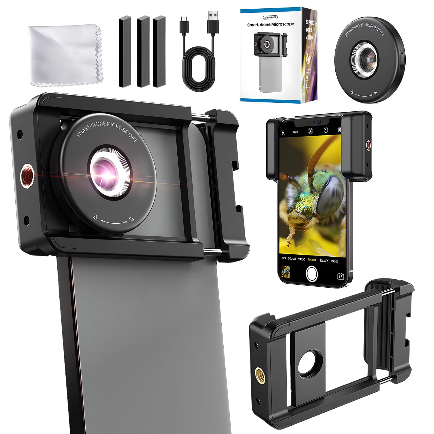 NanoZoom Objectif 200x, Microscope De Téléphone avec Lumière LED, Microscope De Poche Nanozoom X200, Lentille Microscope Numérique Léger Et Portable (Noir) | Objectifs pour téléphones portables