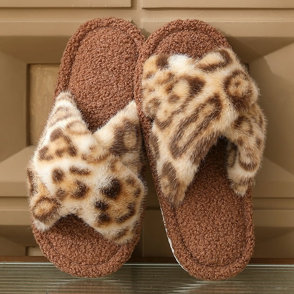2025 New Open Toe Leopard Print Fur Slippers Women Lightweight Warm Fluffy Furry Slides Woman EVA Anti Slip Indoor Home Shoes (38-39,Brown)
