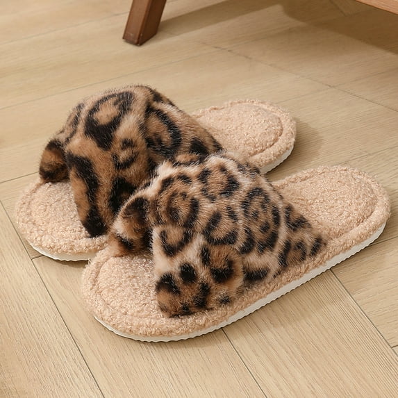 2025 New Open Toe Leopard Print Fur Slippers Women Lightweight Warm Fluffy Furry Slides Woman EVA Anti Slip Indoor Home Shoes (38-39,Khaki)