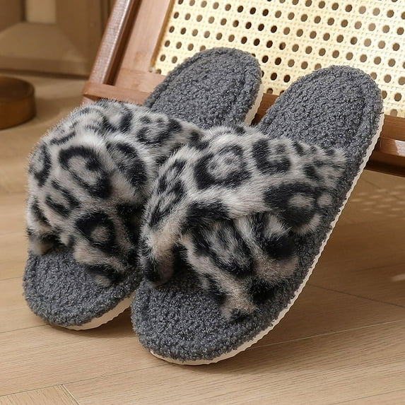 2025 New Open Toe Leopard Print Fur Slippers Women Lightweight Warm Fluffy Furry Slides Woman EVA Anti Slip Indoor Home Shoes (40-41,GRAY)