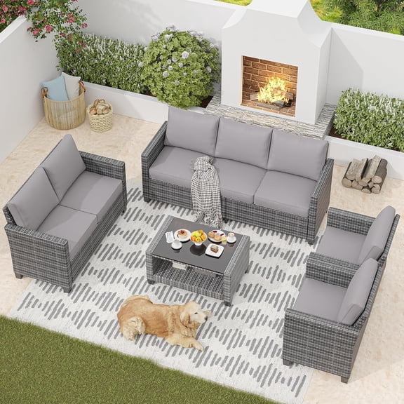 2025 New Patio Furniture Set, 5 Pieces Outdoor Sectional Sofa Set with Dining Table & Thickened Cushions, All-Weather PE Wicker Patio Furniture for Garden Lawn Deck