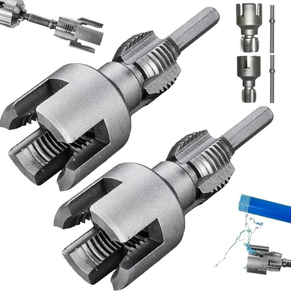 2025 New Pipe Thread Cutting Tool,Integrated Internal & External Pipe Threading Tool,Electric Drill Compatible PVC Pipe Threader Kit,1/2" (DN15) 3/4" (DN20) Pipe Sizes Rethreading Tool