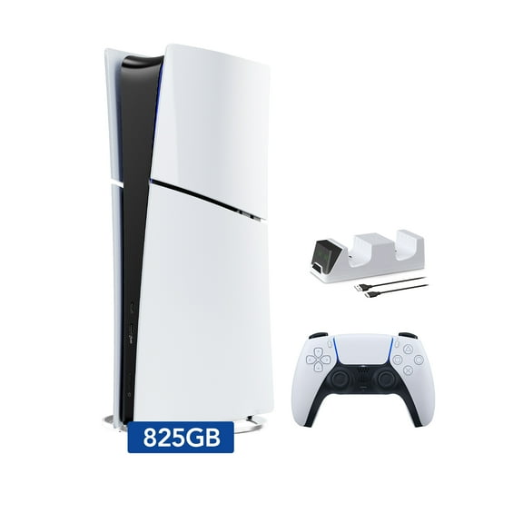2025 New PlayStation 5 Slim Digital Edition Console, Controller and Mytrix Controller Charger - White, Slim PS5 825GB PCIe SSD Gaming Console