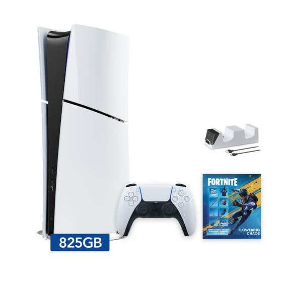 2025 New PlayStation 5 Slim Digital Edition Fortnite Flowering Chaos Bundle and Mytrix Controller Charger - White, Slim PS5 825GB PCIe SSD Gaming Console