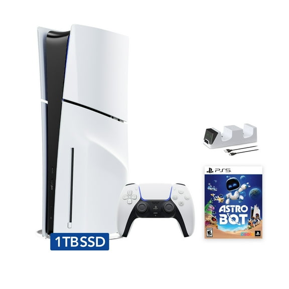2025 New PlayStation 5 Slim Disc Edition ASTRO BOT Bundle and Mytrix Controller Charger - White, Slim PS5 1TB PCIe SSD Gaming Console