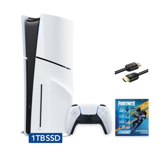 2025 New PlayStation 5 Slim Disc Edition Fortnite Flowering Chaos Bundle and Mytrix 8K HDMI Ultra High Speed Cable - White, Slim PS5 1TB PCIe SSD Gaming Console