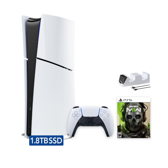 2025 New PlayStation 5 Slim Upgraded 1.8TB Digital Edition Call of Duty Modern Warfare II Bundle and Mytrix Controller Charger - White, Slim PS5 1.8TB PCIe SSD Gaming Console