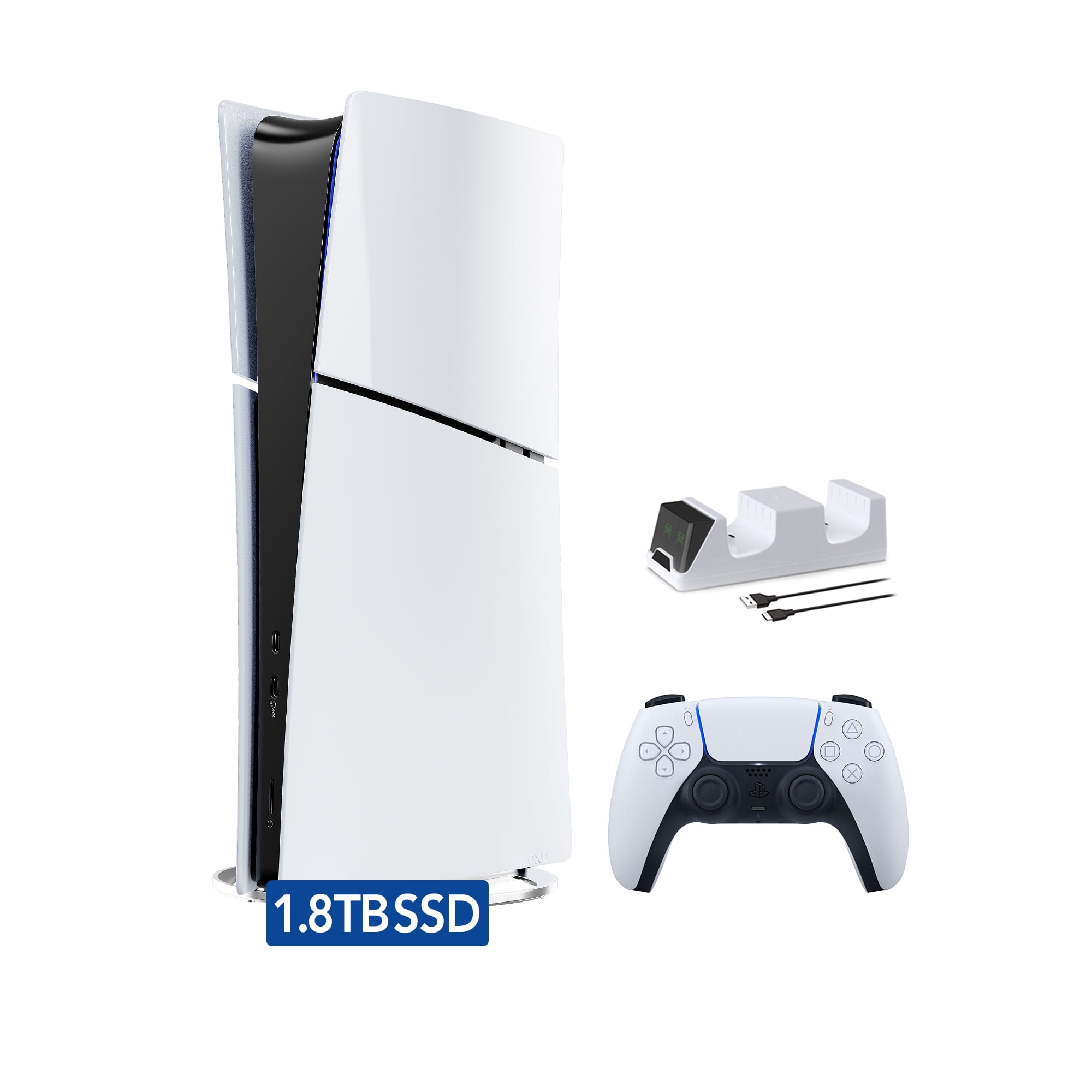 2025 New PlayStation 5 Slim Upgraded 1.8TB Digital Edition Console, Controller and Mytrix Controller Charger - White, Slim PS5 1.8TB PCIe SSD Gaming Console