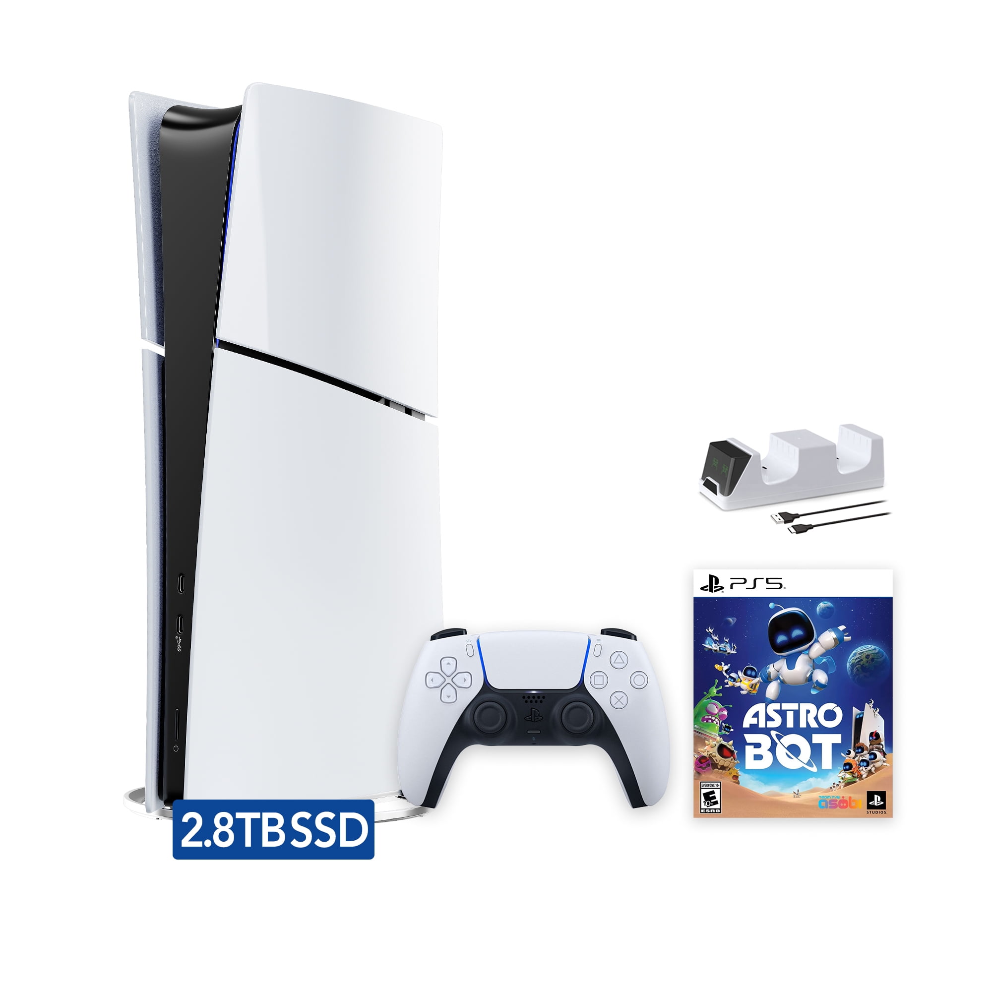 2025 New PlayStation 5 Slim Upgraded 2.8TB Digital Edition ASTRO BOT Bundle and Mytrix Controller Charger - White, Slim PS5 2.8TB PCIe SSD Gaming Console