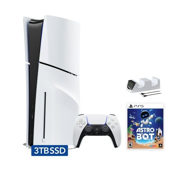 2025 New PlayStation 5 Slim Upgraded 3TB Disc Edition ASTRO BOT Bundle and Mytrix Controller Charger - White, Slim PS5 3TB PCIe SSD Gaming Console
