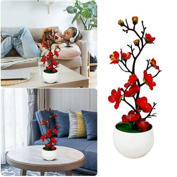 2025 New Plum Blossom, 11. Inch Artificial Silk Flowers Flower with Vase Potted Arrangement for Home Wedding Office DIY Living Room Party Garden Decoration Red
