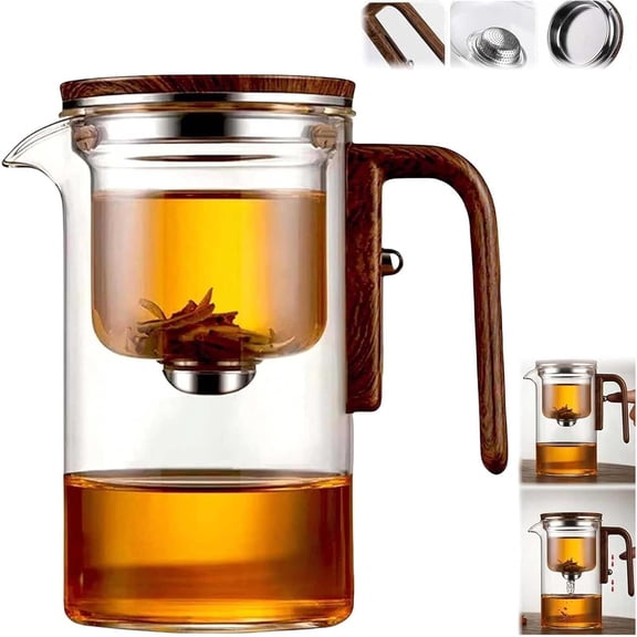2025 New Pot Magic Tea Pot, Tea Pot, Water Separation Glass Teapot with Wooden Handle, Glass Teapot, Glass Teapot with Infuser Magic Teapot Pot Magic Pot, Press Control Magic Tea Pot