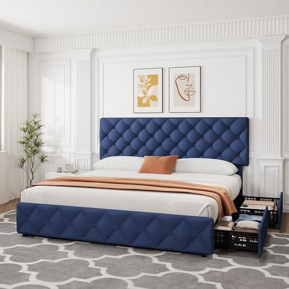 2025 New Queen Size Bed Frame with 4 Storage Drawers, Faux Leather Upholstered Platform Bed Frame with Adjustable Headboard, Diamond Stitched Button Tufted, No Box Spring Needed