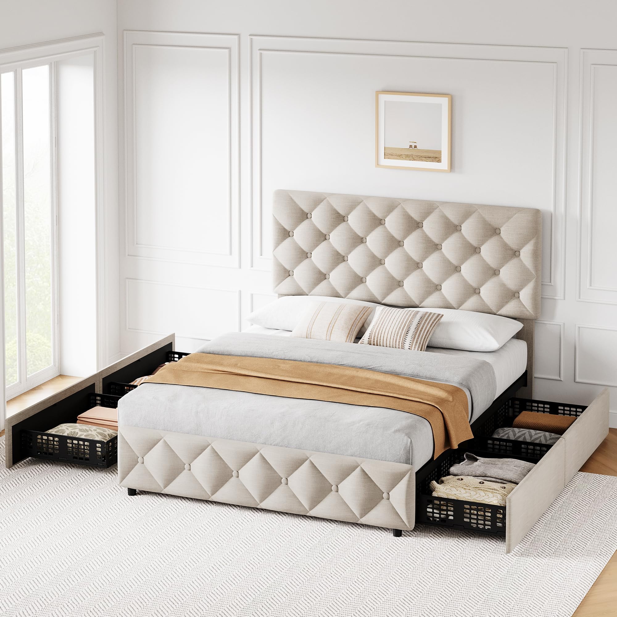 2025 New Queen Size Bed Frame with 4 Storage Drawers, Faux Leather Upholstered Platform Bed Frame with Adjustable Headboard, Diamond Stitched Button Tufted, No Box Spring Needed