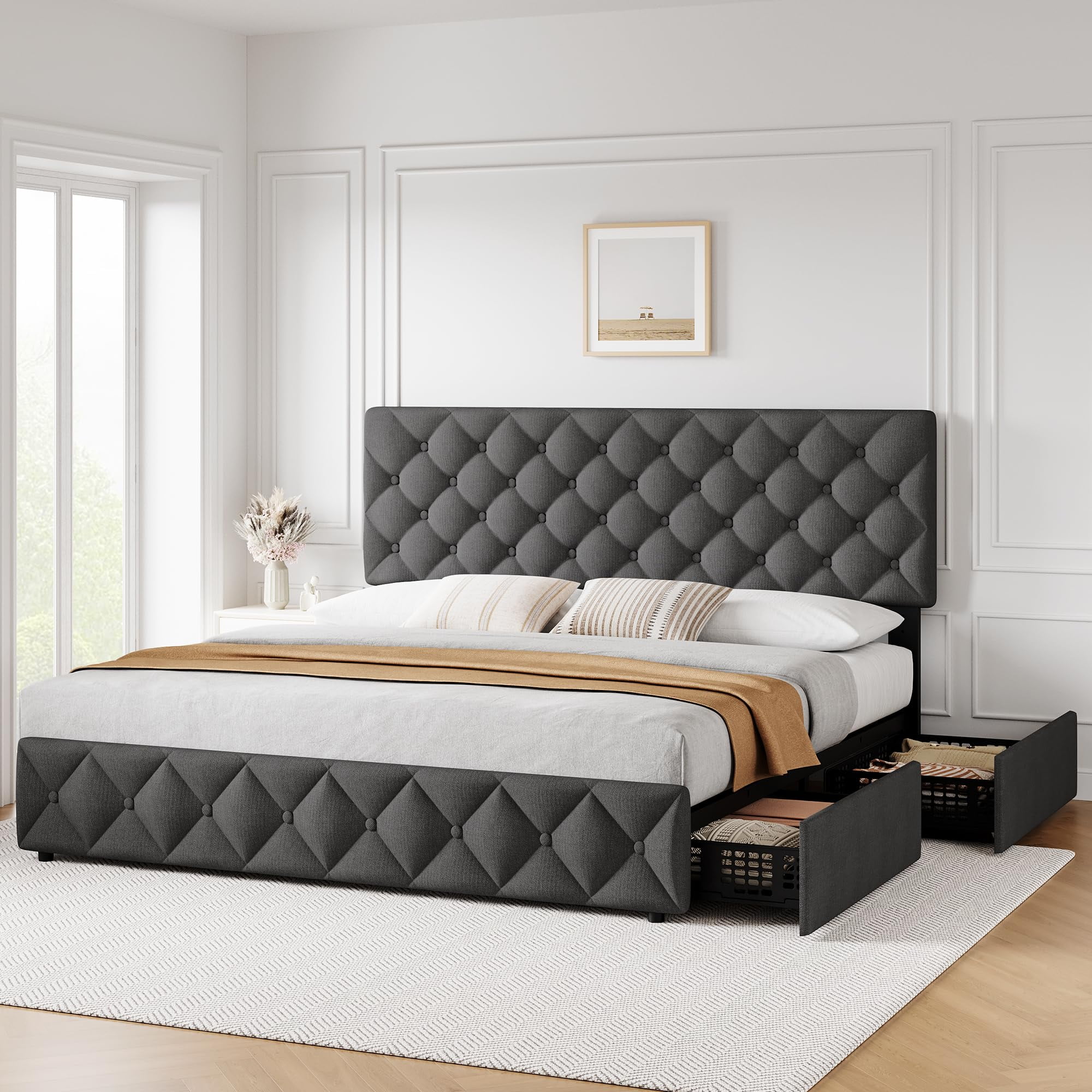 2025 New Queen Size Bed Frame with 4 Storage Drawers, Faux Leather Upholstered Platform Bed Frame with Adjustable Headboard, Diamond Stitched Button Tufted, No Box Spring Needed