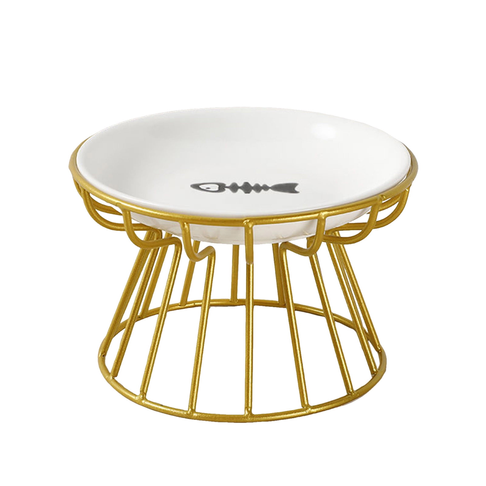 2025 New Raised Ceramic Cat Bowl with Metal Stand - Elevated Pet Dish for Cats & Small Dogs - Anti-Vomit Shallow Food Plate with Gold Paw Design