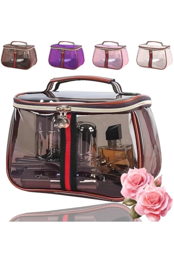2025 New Retro Vintage Vanity Bag, Large Capacity Makeup Organizer for Women, Waterproof Toiletry Bag with Transparent Design, Portable Ladies Cosmetic Bags Travle Storage Case (Coffee)