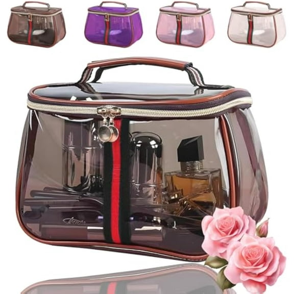 2025 New Retro Vintage Vanity Bag, Large Capacity Makeup Organizer for Women, Waterproof Toiletry Bag with Transparent Design, Portable Ladies Cosmetic Bags Travle Storage Case (Coffee)