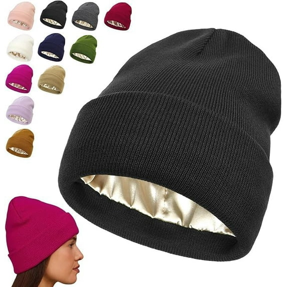 2025 New Satin Lined Beanie, Silk Lined Beanie, Soft Knitted Cuffed Silk Lined Warm Skull Cap Winter Hats for Women Men