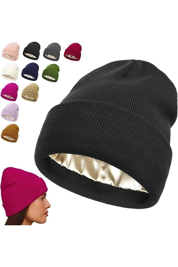 2025 New Satin Lined Beanie, Silk Lined Beanie, Soft Knitted Cuffed Silk Lined Warm Skull Cap Winter Hats for Women Men