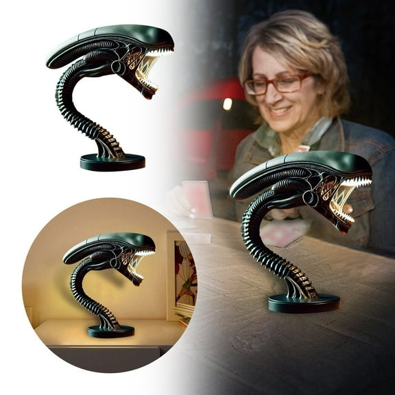 2025 New Sci-Fi LED Table Lamp Alien 3D Resin Night Light, Black Space Theme Statue Ornaments Bedroom/Office Decoration, Collectible Home Lighting Gift (A)