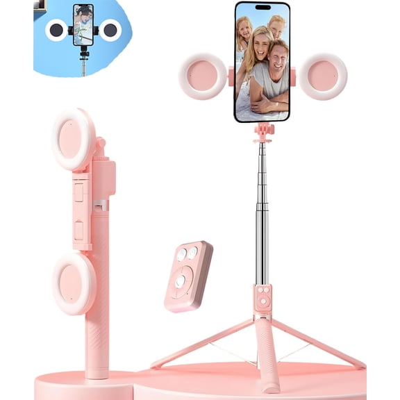 2025 New Selfie Stick Tripod with Fill Light,6 in 1 Selfie Stick with Fill Light,Lekxagabo SelfieStick,Bluetooth Remote Control,Stainless Steel Three-Legged Support,for iOS/Android Smartphone (Pink)