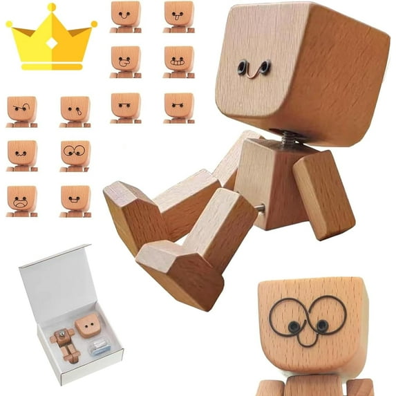 2025 New Wooden Man Figurine, Handmade Feet Wooden Car Dashboard Decorations with 12 PCS Expressions, Creative Wood Desktop Decor (3IN A)