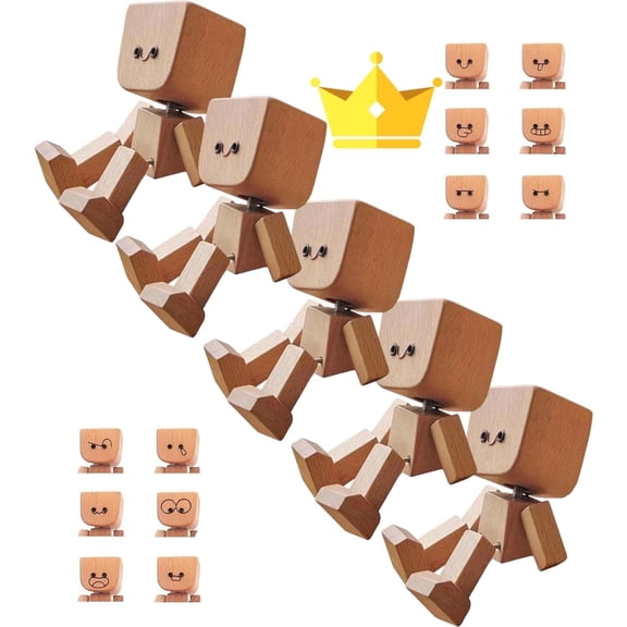 2025 New Shaking Wooden Man Figurine, Handmade Shaking Feet Wooden Car Dashboard Decorations with 12 PCS Magnetic Expressions, Creative Wood Desktop Decor (3IN A)
